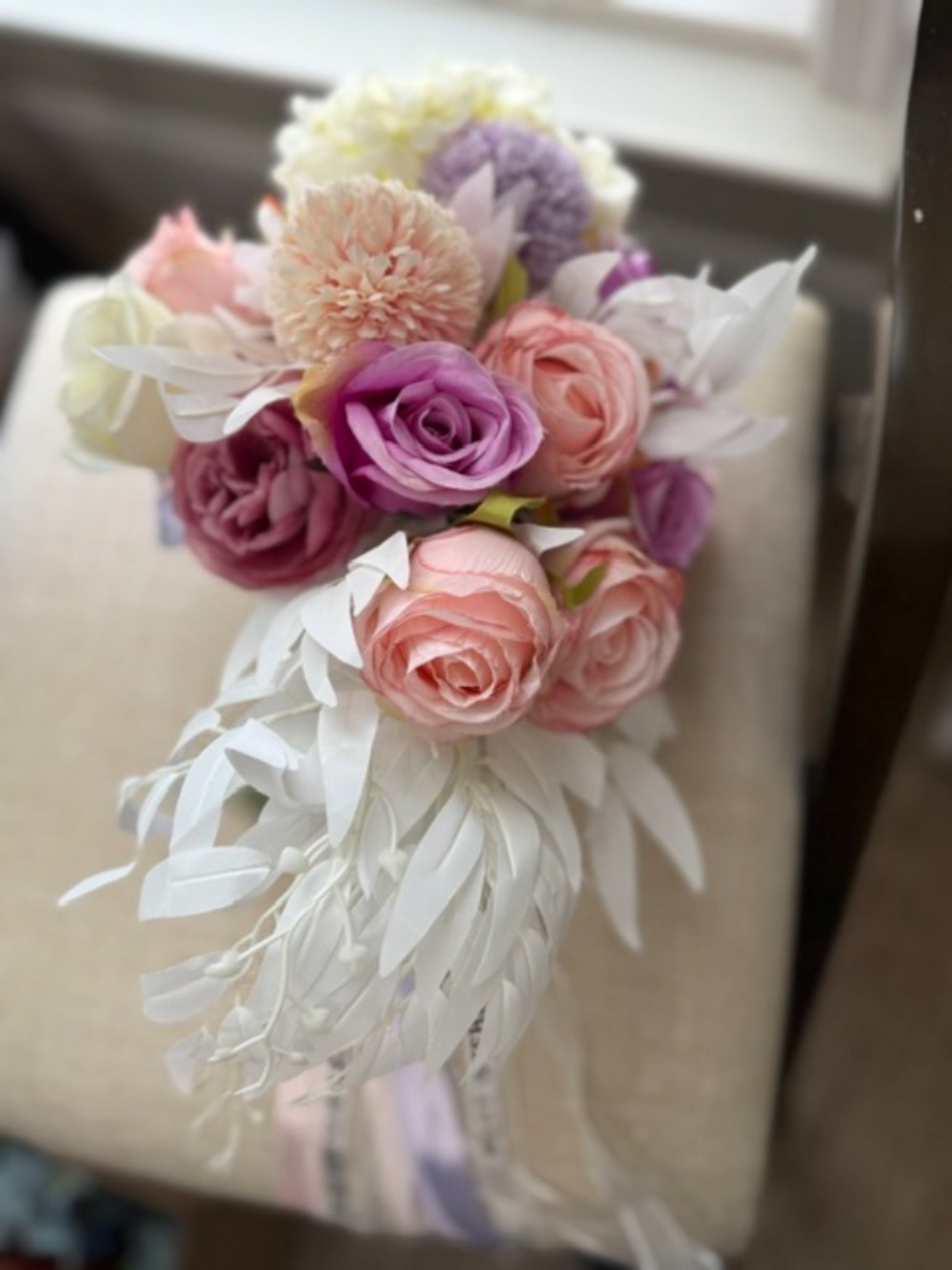 Bridal Bouquet, Cascading in white, pinks and dusty blue.